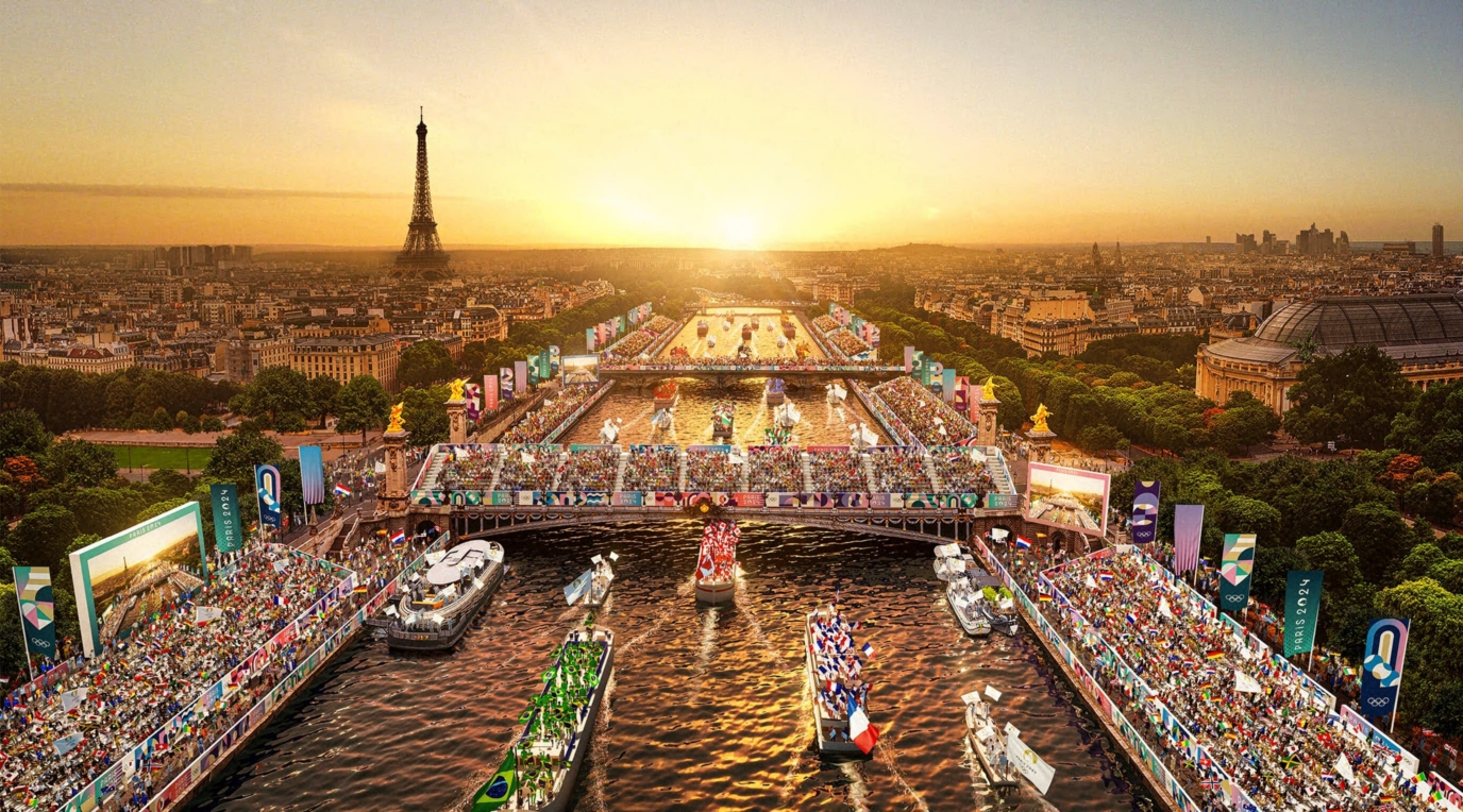Paris Olympics 2024- Paris landscape with boats and people celebrating