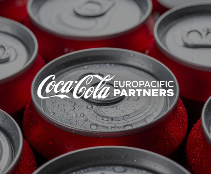 Coca-Cola Europacific logo over cans