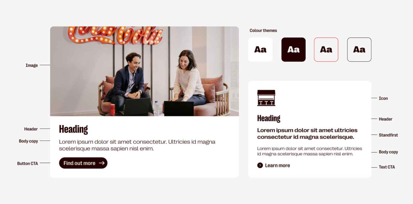 Coca-Cola Europacific Partners webpage mockup with header image, placeholder text, CTAs and colour palette options