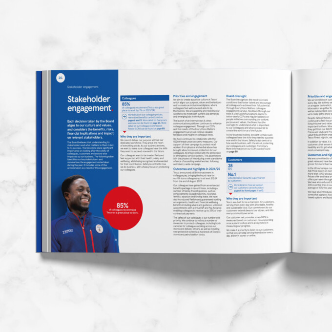 Open spread of Tesco's 2025 annual report on marble counter