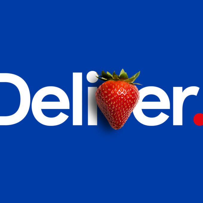 The word 'deliver', with a strawberry replacing the 'v'