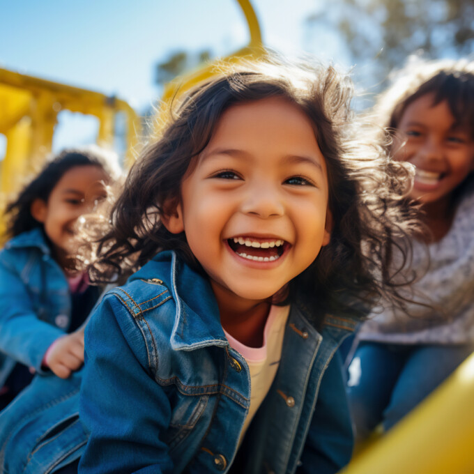 Three children in playground smiling