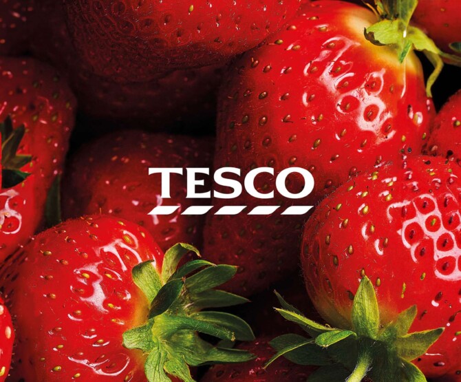 Tesco logo overlaying strawberries