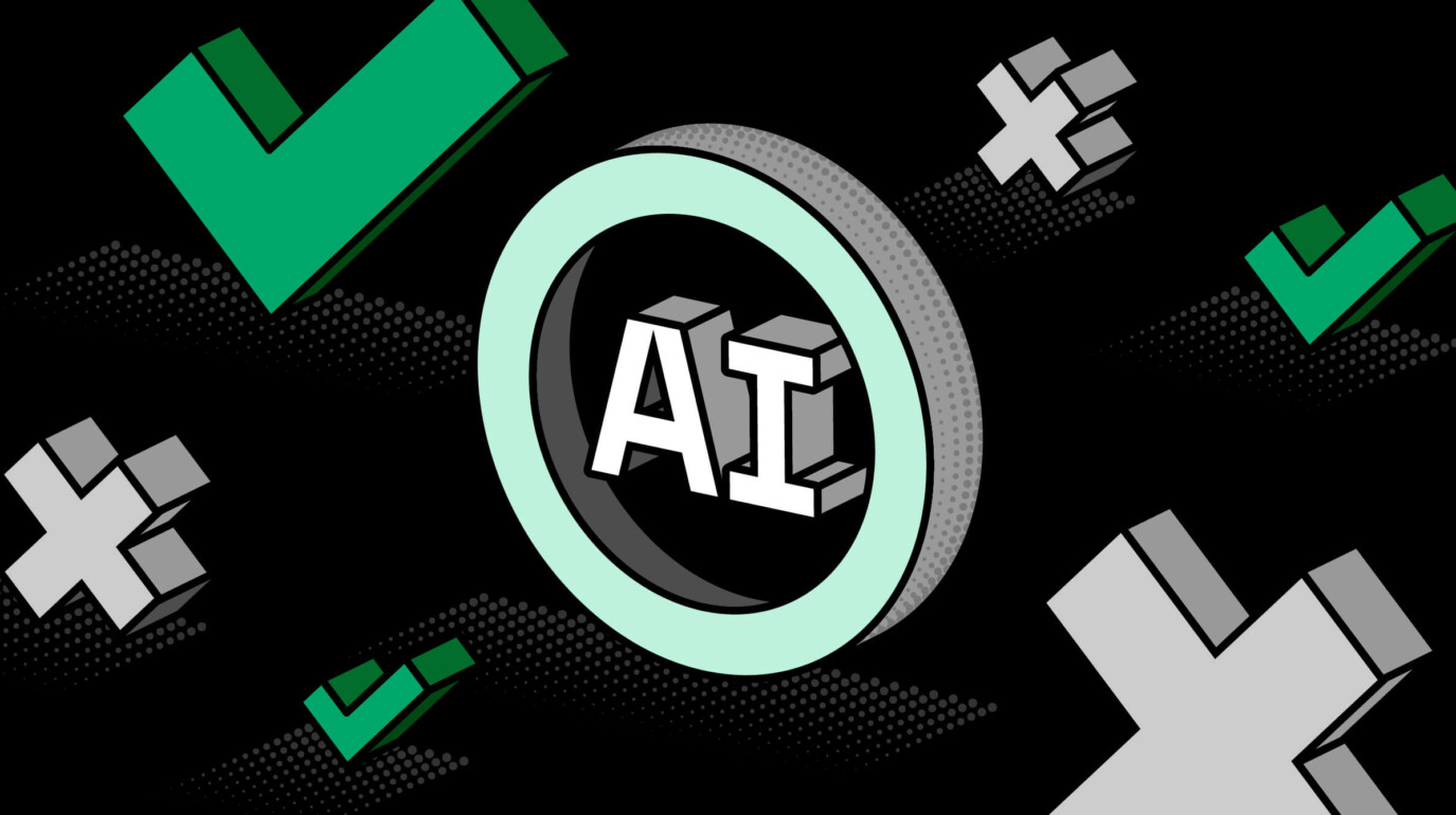 The letters AI in a circle, surrounded by ticks and crosses