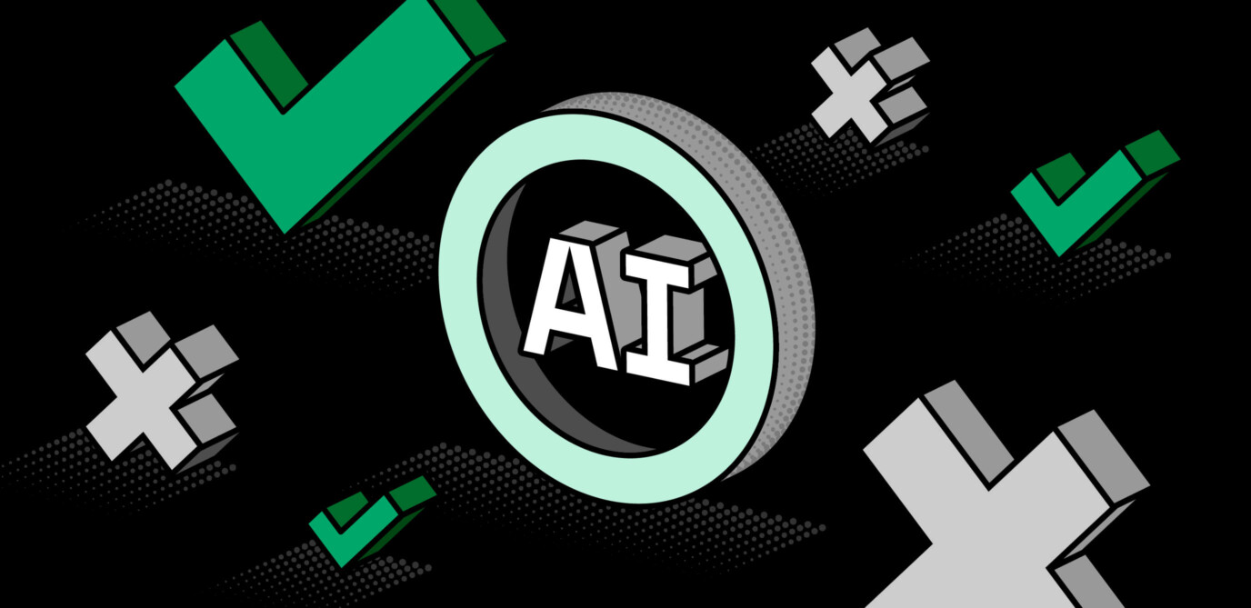 The letters AI in a circle, surrounded by ticks and crosses