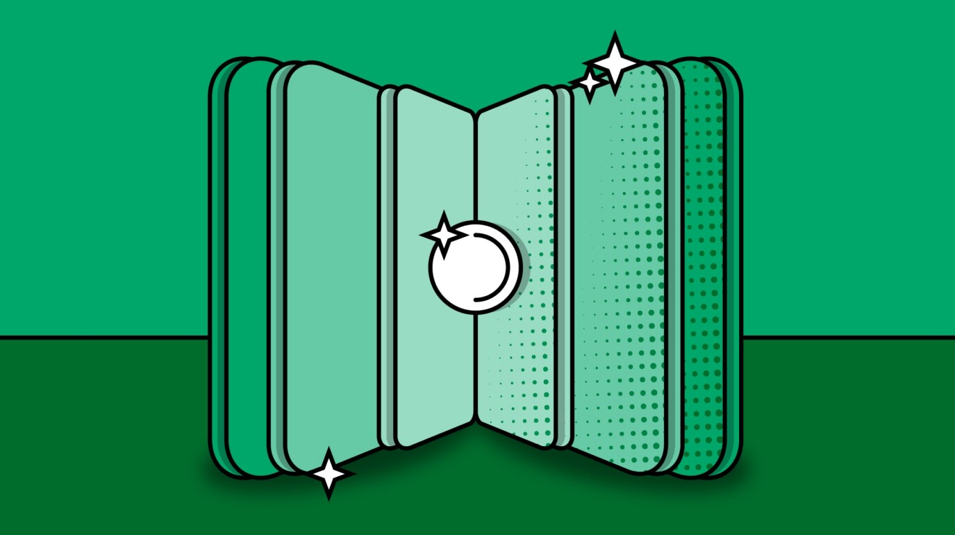 Graphic of an open report book with twinkling stars