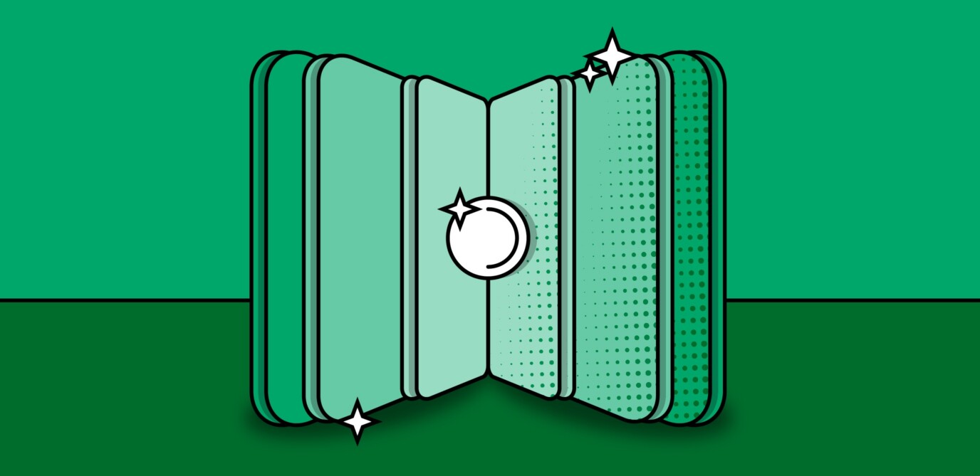 Graphic of an open report book with twinkling stars