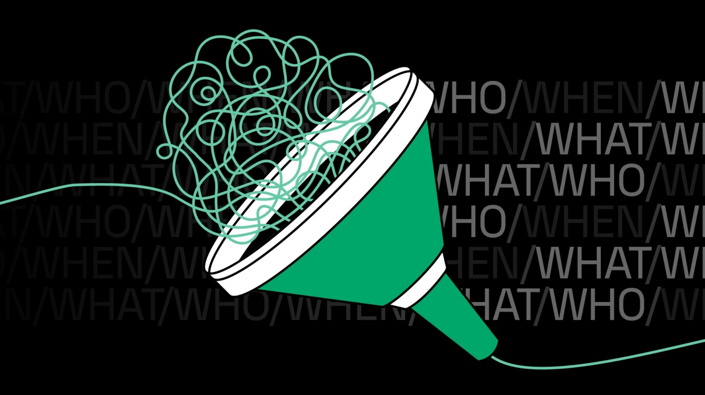 A graphic of a funnel with a tangled thread going in the top and coming out untangled. The words 'Who, what, when' are faded into the background.