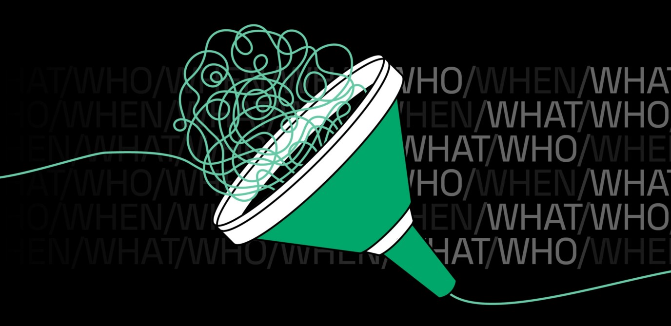A graphic of a funnel with a tangled thread going in the top and coming out untangled. The words 'Who, what, when' are faded into the background.