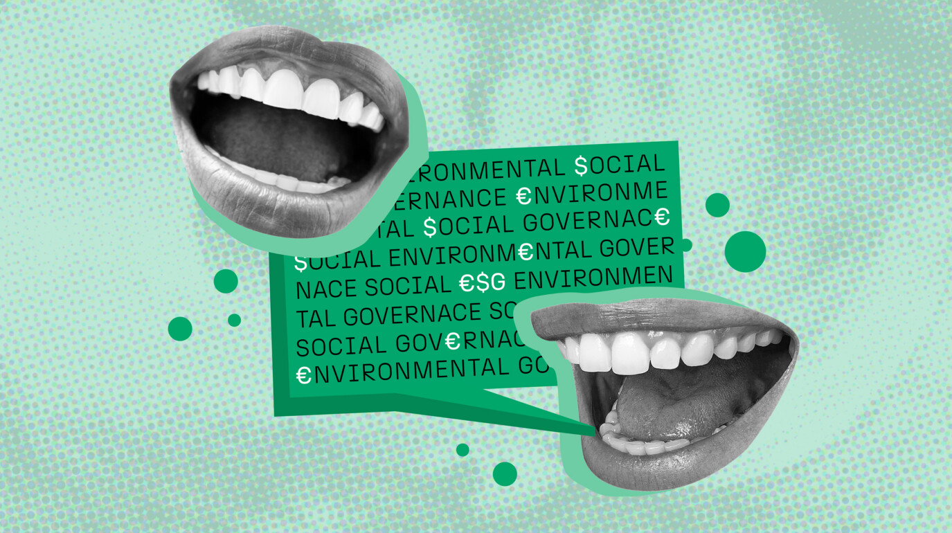 graphic of two mouths talking, with ESG wording in the background