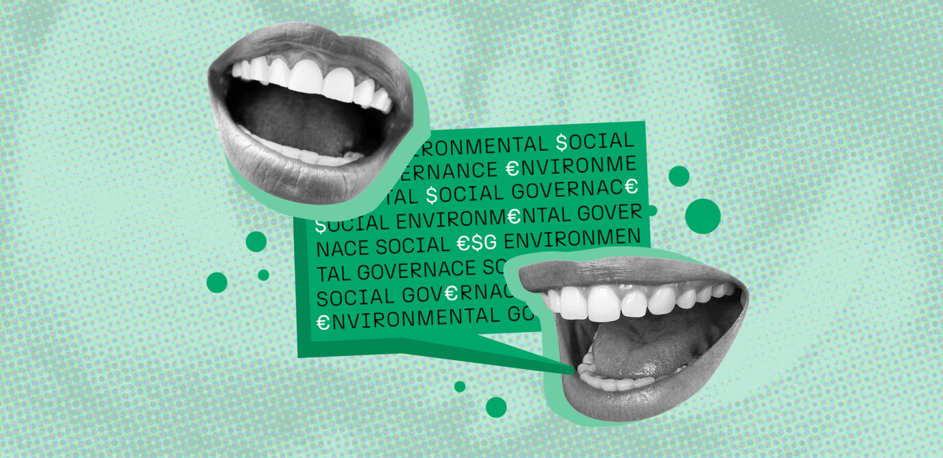 graphic of two mouths talking, with ESG wording in the background