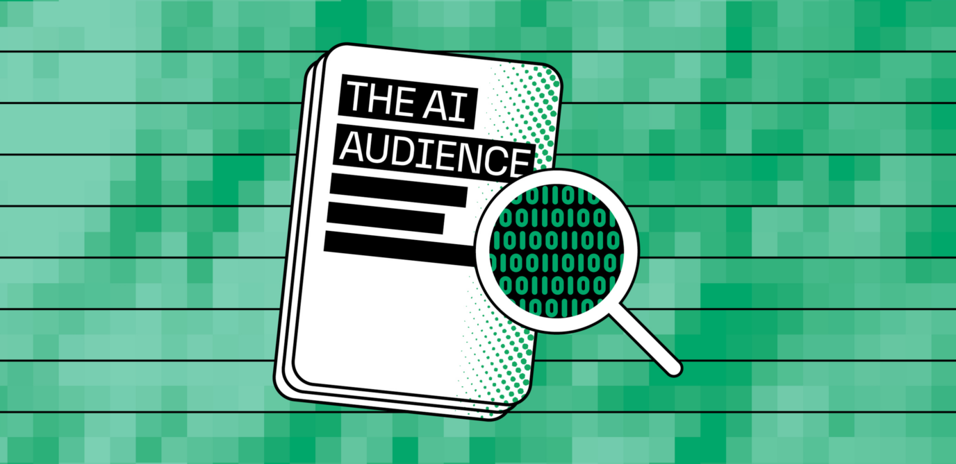 a graphic of a report under a magnifying glass. Text reads 'The AI audience'